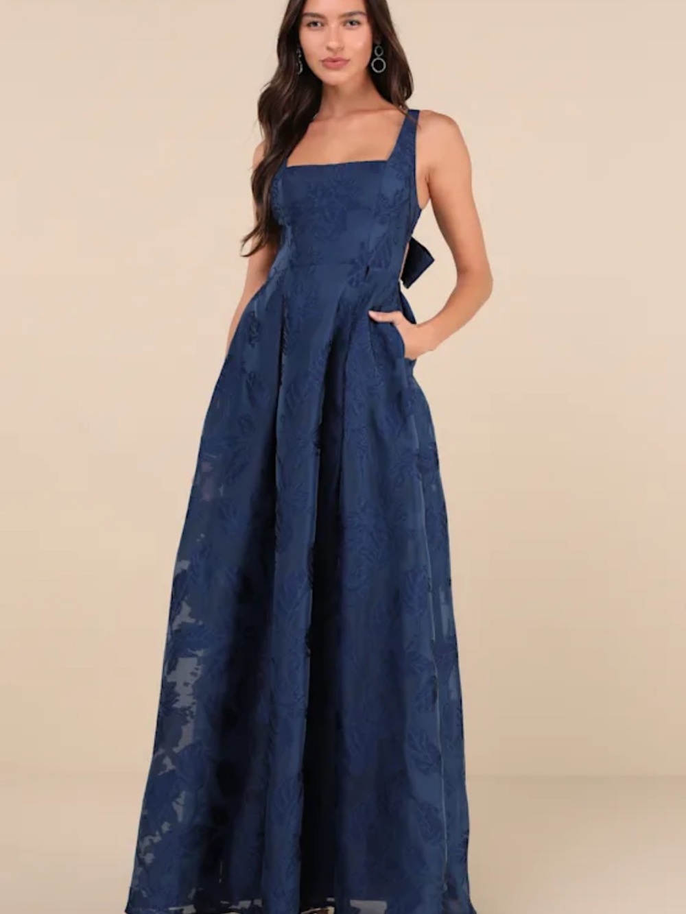Lulu's Navy Floral Jacquard Square-Neck Maxi Dress